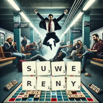 Kreatywna ilustracja do gry w Scrabble ze słowem SUWERENY ułożonym z płytek na planszy.