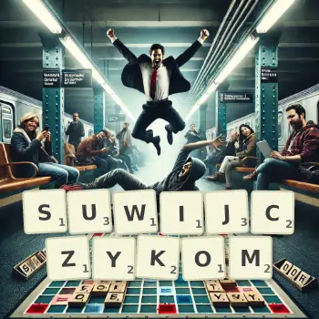 Kreatywna ilustracja do gry w Scrabble ze słowem SUWIJCZYKOM ułożonym z płytek na planszy.
