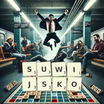 Kreatywna ilustracja do gry w Scrabble ze słowem SUWIJSKO ułożonym z płytek na planszy.