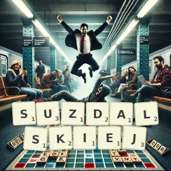Kreatywna ilustracja do gry w Scrabble ze słowem SUZDALSKIEJ ułożonym z płytek na planszy.