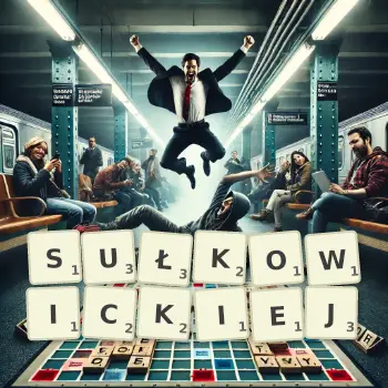Kreatywna ilustracja do gry w Scrabble ze słowem SUŁKOWICKIEJ ułożonym z płytek na planszy.