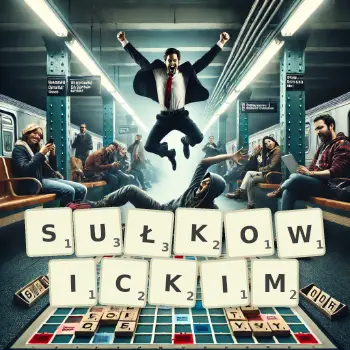 Kreatywna ilustracja do gry w Scrabble ze słowem SUŁKOWICKIM ułożonym z płytek na planszy.