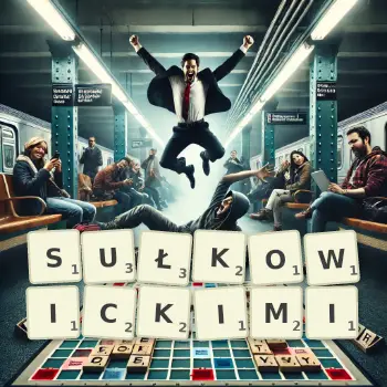 Kreatywna ilustracja do gry w Scrabble ze słowem SUŁKOWICKIMI ułożonym z płytek na planszy.