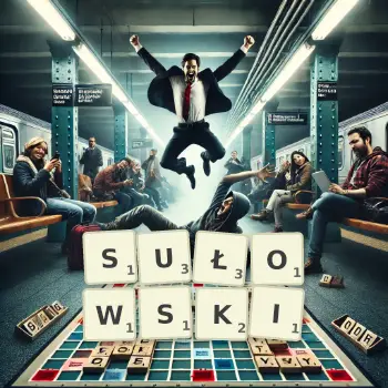 Kreatywna ilustracja do gry w Scrabble ze słowem SUŁOWSKI ułożonym z płytek na planszy.