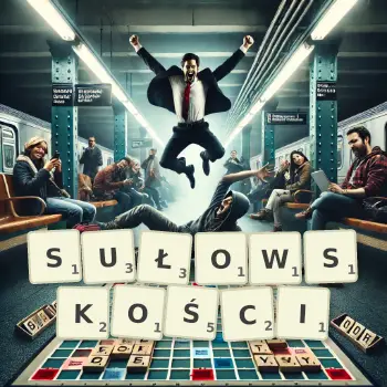 Kreatywna ilustracja do gry w Scrabble ze słowem SUŁOWSKOŚCI ułożonym z płytek na planszy.