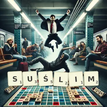 Kreatywna ilustracja do gry w Scrabble ze słowem SUŚLIM ułożonym z płytek na planszy.