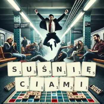 Kreatywna ilustracja do gry w Scrabble ze słowem SUŚNIĘCIAMI ułożonym z płytek na planszy.
