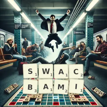 Kreatywna ilustracja do gry w Scrabble ze słowem SWACBAMI ułożonym z płytek na planszy.