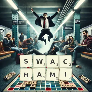 Kreatywna ilustracja do gry w Scrabble ze słowem SWACHAMI ułożonym z płytek na planszy.