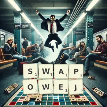 Kreatywna ilustracja do gry w Scrabble ze słowem SWAPOWEJ ułożonym z płytek na planszy.