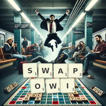 Kreatywna ilustracja do gry w Scrabble ze słowem SWAPOWI ułożonym z płytek na planszy.