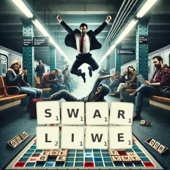 Kreatywna ilustracja do gry w Scrabble ze słowem SWARLIWE ułożonym z płytek na planszy.