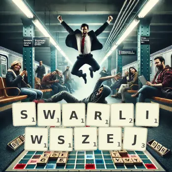 Kreatywna ilustracja do gry w Scrabble ze słowem SWARLIWSZEJ ułożonym z płytek na planszy.