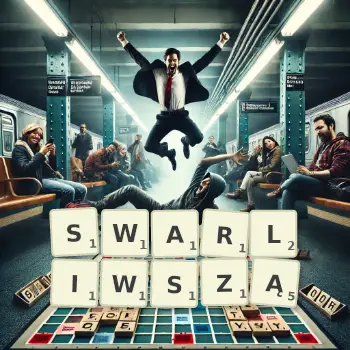 Kreatywna ilustracja do gry w Scrabble ze słowem SWARLIWSZĄ ułożonym z płytek na planszy.
