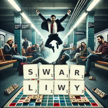 Kreatywna ilustracja do gry w Scrabble ze słowem SWARLIWY ułożonym z płytek na planszy.