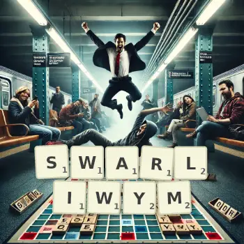 Kreatywna ilustracja do gry w Scrabble ze słowem SWARLIWYM ułożonym z płytek na planszy.