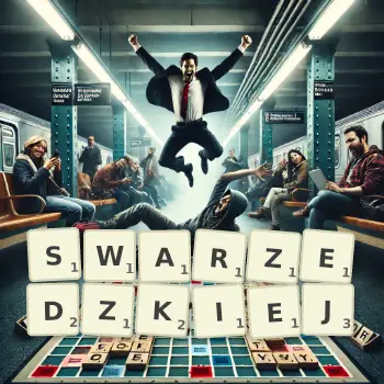 Kreatywna ilustracja do gry w Scrabble ze słowem SWARZEDZKIEJ ułożonym z płytek na planszy.