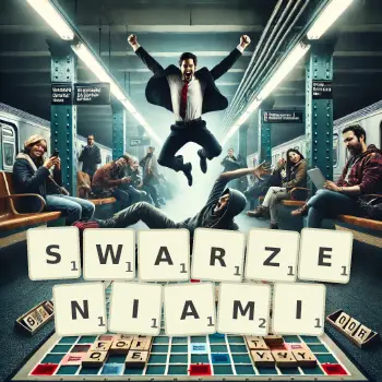 Kreatywna ilustracja do gry w Scrabble ze słowem SWARZENIAMI ułożonym z płytek na planszy.