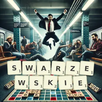 Kreatywna ilustracja do gry w Scrabble ze słowem SWARZEWSKIE ułożonym z płytek na planszy.