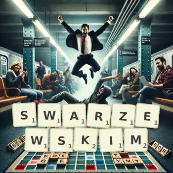 Kreatywna ilustracja do gry w Scrabble ze słowem SWARZEWSKIM ułożonym z płytek na planszy.