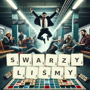 Kreatywna ilustracja do gry w Scrabble ze słowem SWARZYLIŚMY ułożonym z płytek na planszy.