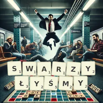 Kreatywna ilustracja do gry w Scrabble ze słowem SWARZYŁYŚMY ułożonym z płytek na planszy.