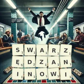 Kreatywna ilustracja do gry w Scrabble ze słowem SWARZĘDZANINOWI ułożonym z płytek na planszy.