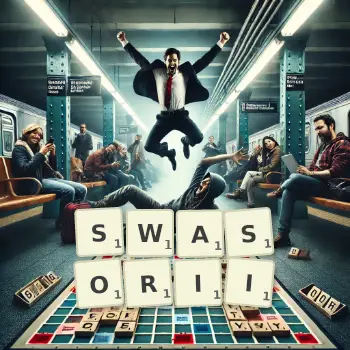Kreatywna ilustracja do gry w Scrabble ze słowem SWASORII ułożonym z płytek na planszy.