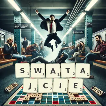 Kreatywna ilustracja do gry w Scrabble ze słowem SWATAJCIE ułożonym z płytek na planszy.