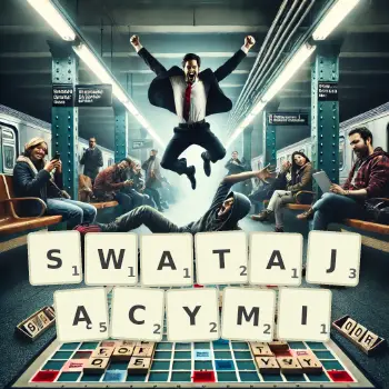 Kreatywna ilustracja do gry w Scrabble ze słowem SWATAJĄCYMI ułożonym z płytek na planszy.