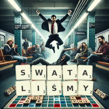 Kreatywna ilustracja do gry w Scrabble ze słowem SWATALIŚMY ułożonym z płytek na planszy.