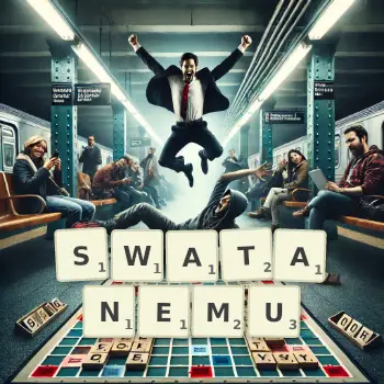 Kreatywna ilustracja do gry w Scrabble ze słowem SWATANEMU ułożonym z płytek na planszy.