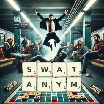 Kreatywna ilustracja do gry w Scrabble ze słowem SWATANYM ułożonym z płytek na planszy.