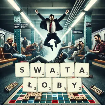 Kreatywna ilustracja do gry w Scrabble ze słowem SWATAŁOBY ułożonym z płytek na planszy.