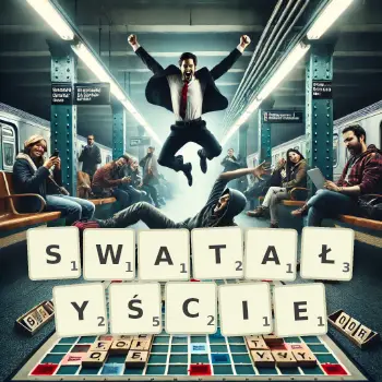 Kreatywna ilustracja do gry w Scrabble ze słowem SWATAŁYŚCIE ułożonym z płytek na planszy.