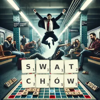 Kreatywna ilustracja do gry w Scrabble ze słowem SWATCHÓW ułożonym z płytek na planszy.