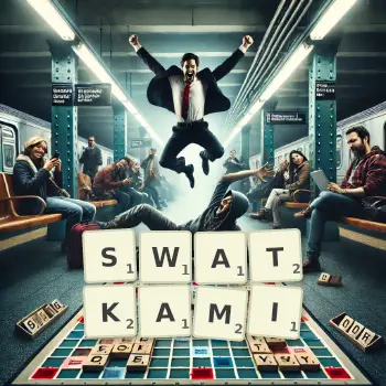 Kreatywna ilustracja do gry w Scrabble ze słowem SWATKAMI ułożonym z płytek na planszy.