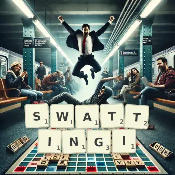 Kreatywna ilustracja do gry w Scrabble ze słowem SWATTINGI ułożonym z płytek na planszy.
