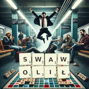 Kreatywna ilustracja do gry w Scrabble ze słowem SWAWOLIŁ ułożonym z płytek na planszy.