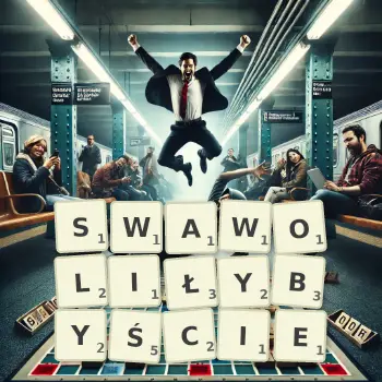 Kreatywna ilustracja do gry w Scrabble ze słowem SWAWOLIŁYBYŚCIE ułożonym z płytek na planszy.