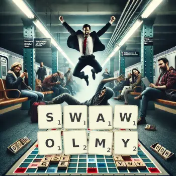 Kreatywna ilustracja do gry w Scrabble ze słowem SWAWOLMY ułożonym z płytek na planszy.
