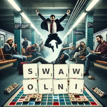 Kreatywna ilustracja do gry w Scrabble ze słowem SWAWOLNI ułożonym z płytek na planszy.