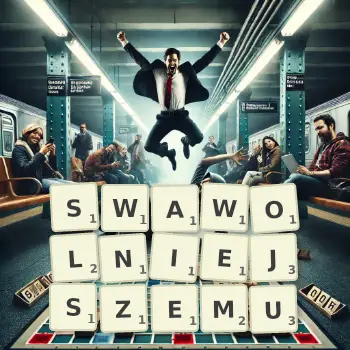 Kreatywna ilustracja do gry w Scrabble ze słowem SWAWOLNIEJSZEMU ułożonym z płytek na planszy.