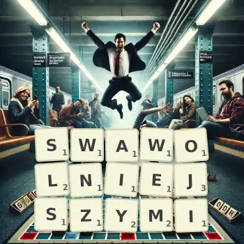 Kreatywna ilustracja do gry w Scrabble ze słowem SWAWOLNIEJSZYMI ułożonym z płytek na planszy.