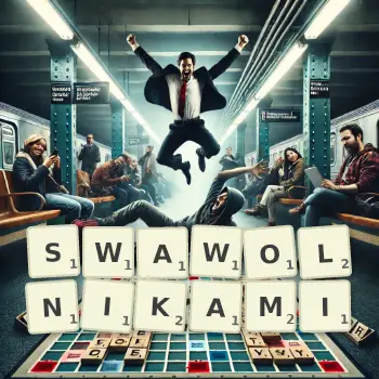 Kreatywna ilustracja do gry w Scrabble ze słowem SWAWOLNIKAMI ułożonym z płytek na planszy.