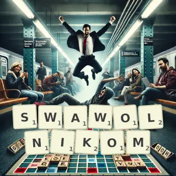 Kreatywna ilustracja do gry w Scrabble ze słowem SWAWOLNIKOM ułożonym z płytek na planszy.