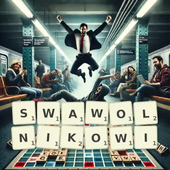 Kreatywna ilustracja do gry w Scrabble ze słowem SWAWOLNIKOWI ułożonym z płytek na planszy.