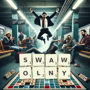 Kreatywna ilustracja do gry w Scrabble ze słowem SWAWOLNY ułożonym z płytek na planszy.