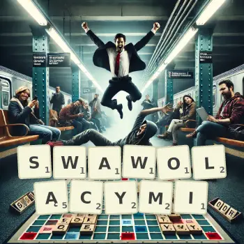 Kreatywna ilustracja do gry w Scrabble ze słowem SWAWOLĄCYMI ułożonym z płytek na planszy.
