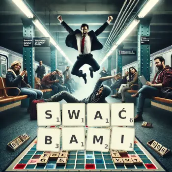 Kreatywna ilustracja do gry w Scrabble ze słowem SWAĆBAMI ułożonym z płytek na planszy.